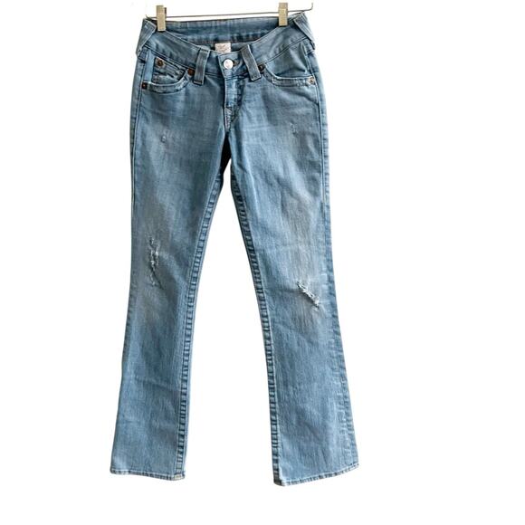 True Religion Low Rise Flare Jeans Size 27 Light Blue 5 Pockets Y2K - Picture 1 of 11
